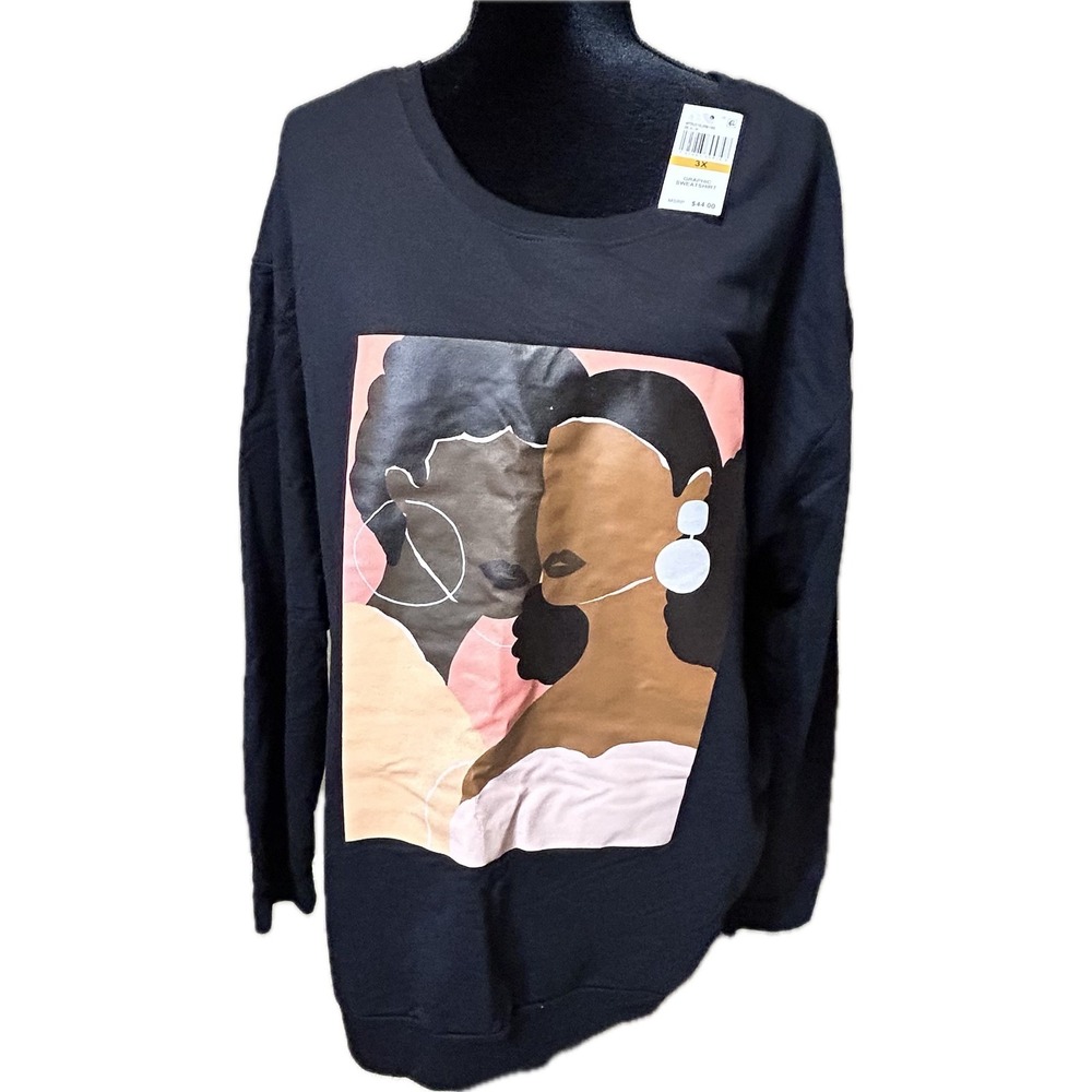 Love Tribe Black Graphic Sweatshirt Women 3XL Artistic Portrait Pullover NWT